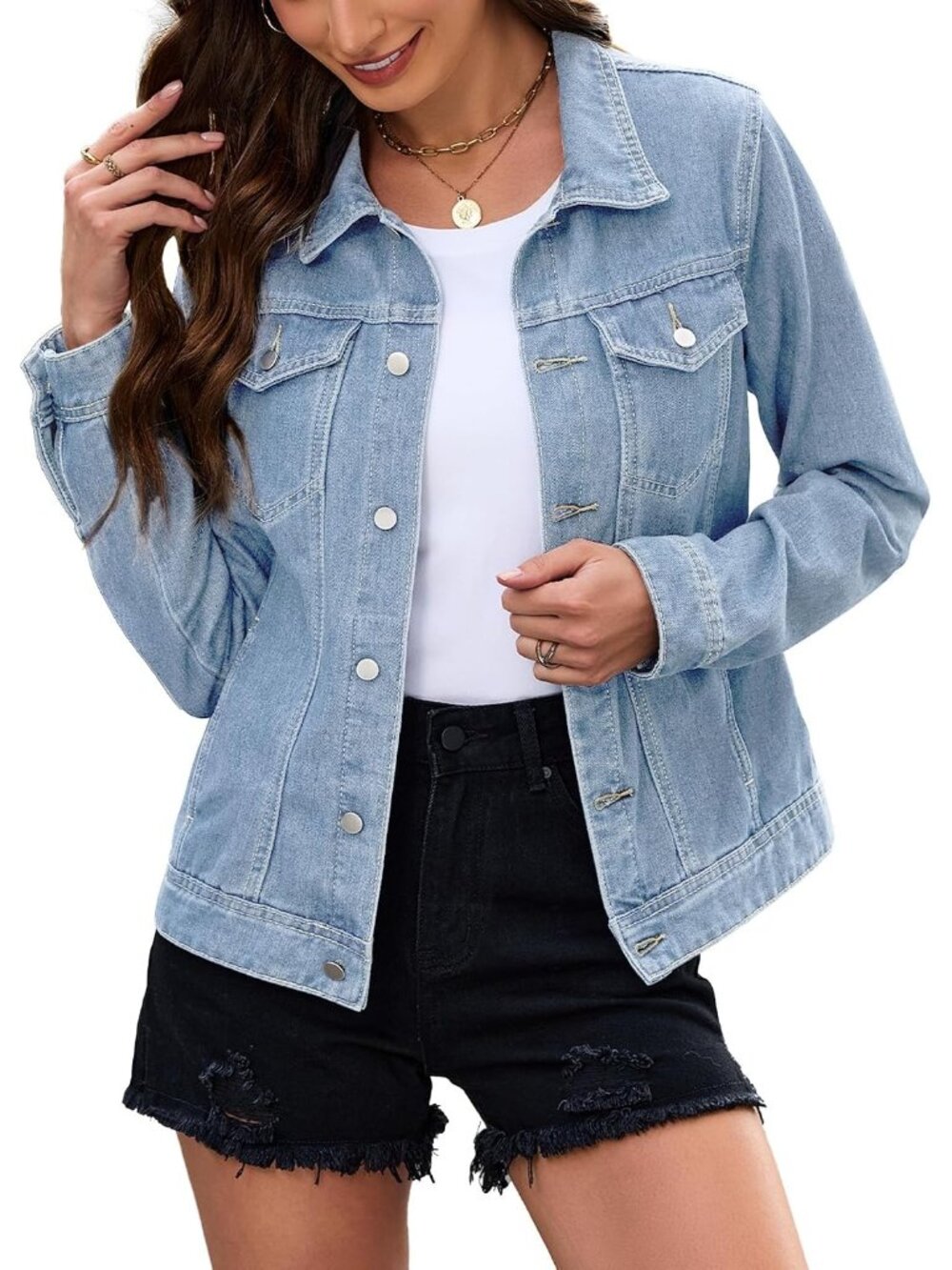 Women's Faded Blue Long Sleeve Button Down Fitted Cropped Denim Jean Jacket Coat